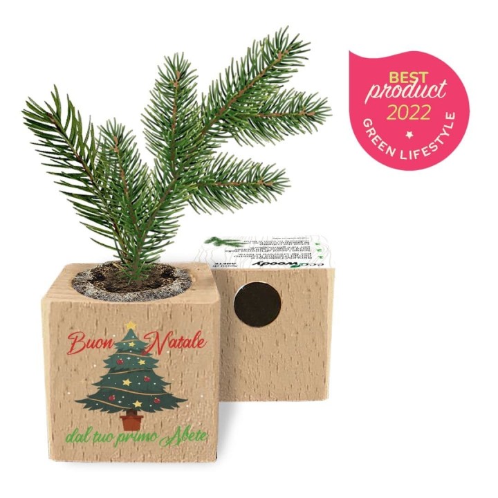 Eco-Woody Natalizio - Cubo di legno 100% ecologico con semi di Tagete