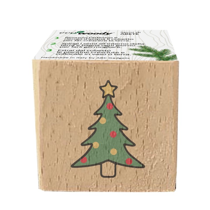 Eco-Woody Natalizio - Cubo di legno 100% ecologico con semi di Abete