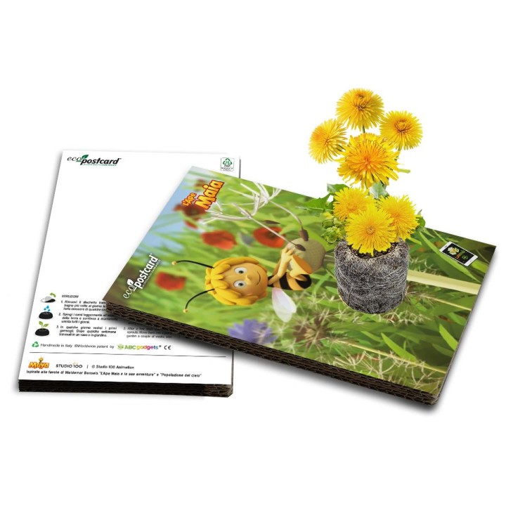 Eco-Postcard da cui nascono piantine di tarassaco con video realtà aumentata de L’Ape Maia