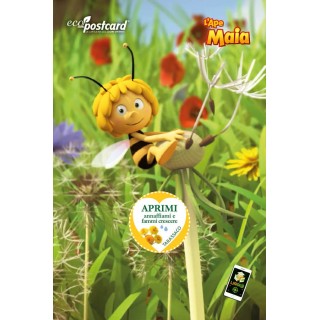 Cartolina ecologica de L’Ape Maia con semi di tarassaco e video del cartone animato