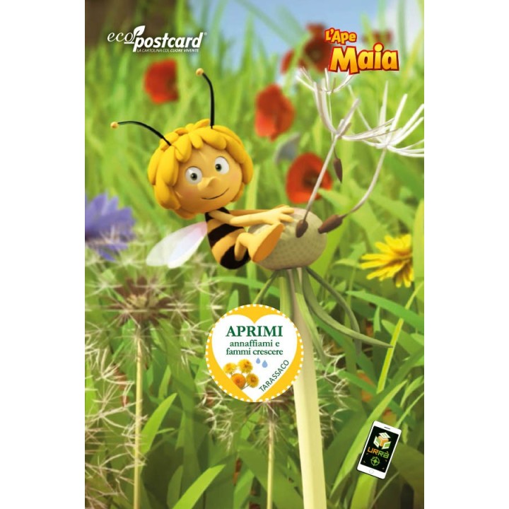 Cartolina ecologica de L’Ape Maia con semi di tarassaco e video del cartone animato