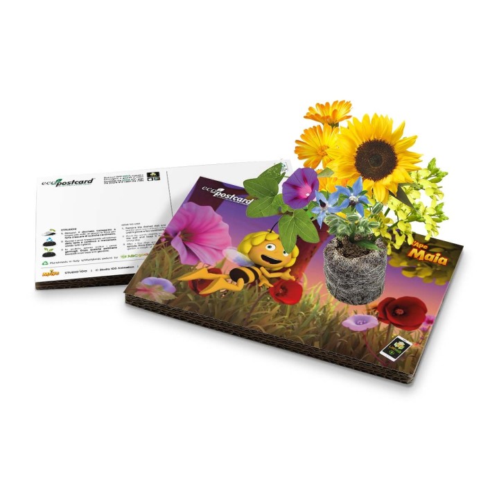 Eco-Postcard da cui nascono fiori melliferi con video de L’Ape Maia in realtà aumentata