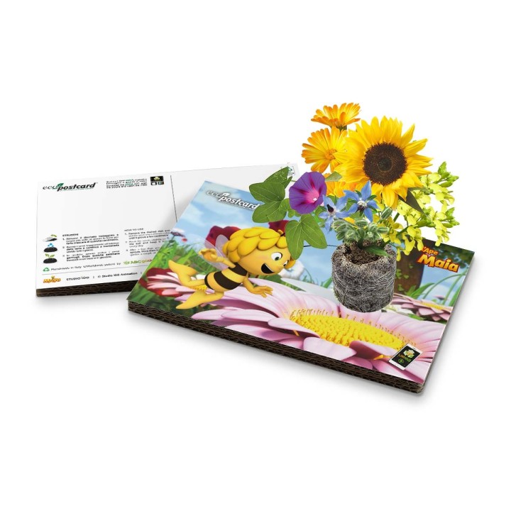 Eco-Postcard da cui nascono fiori melliferi con video de L’Ape Maia in realtà aumentata