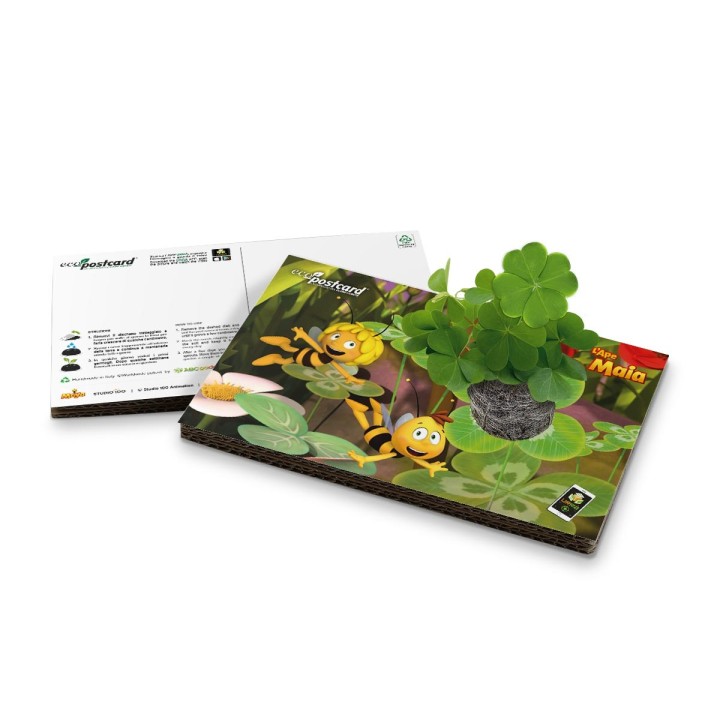 Eco-Postcard da cui nascono quadrifogli con video Ape Maia e Willy in realtà aumentata 