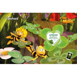 Cartolina ecologica con semi di quadrifoglio e cartone animato con L'Ape Maia e Willy