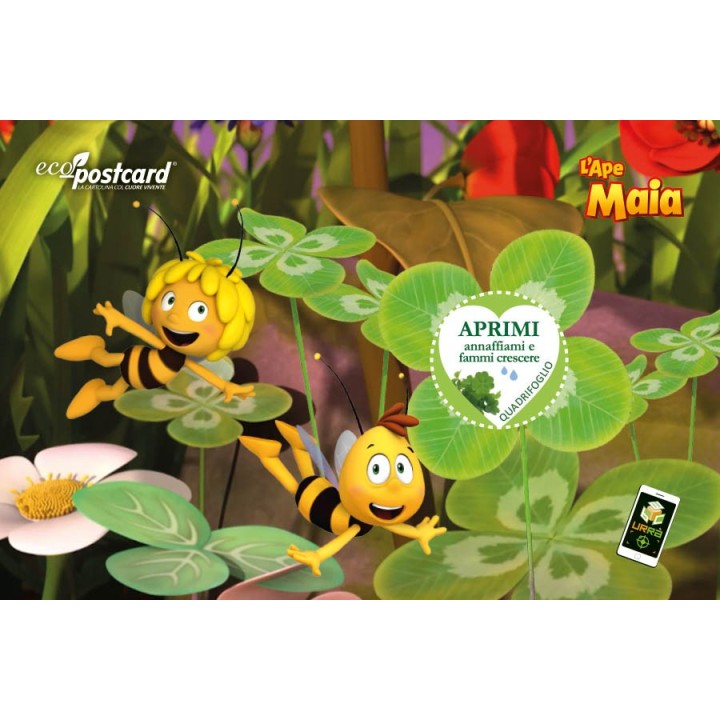 Cartolina ecologica con semi di quadrifoglio e cartone animato con L'Ape Maia e Willy