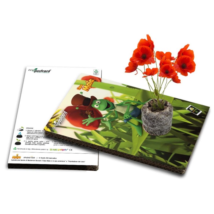 Eco-Postcard da cui nascono papaveri con video de L'Ape Maia e grillo Flip in realtà aumentata