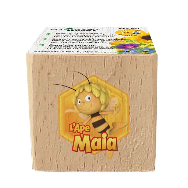 Eco cubo in legno con semi di fiori melliferi e illustrazione de L'Ape Maia