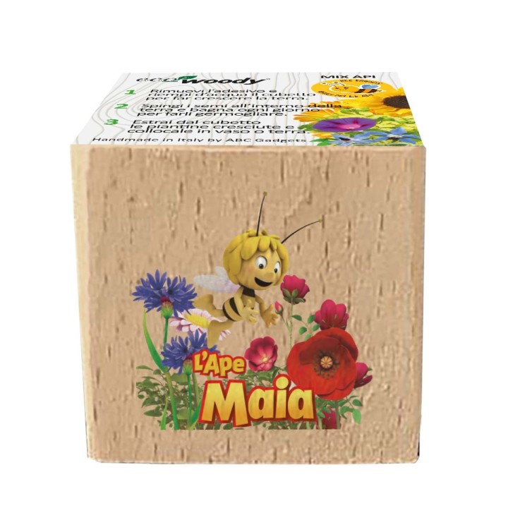 Eco-Woody con l’Ape Maia che vola da cui nascono fiori amici delle api