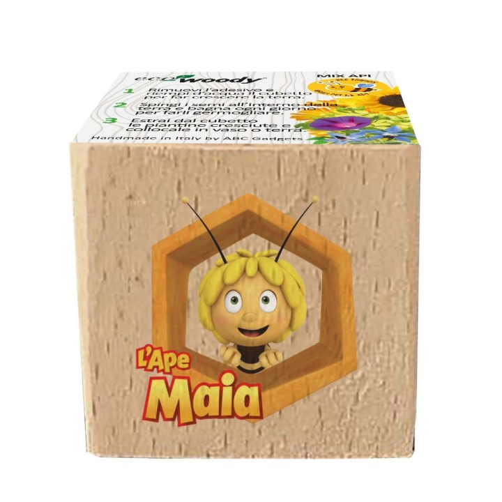 Eco-Woody cubetto con semi di fiori L’Ape Maia e calamita per attaccarlo al frigo