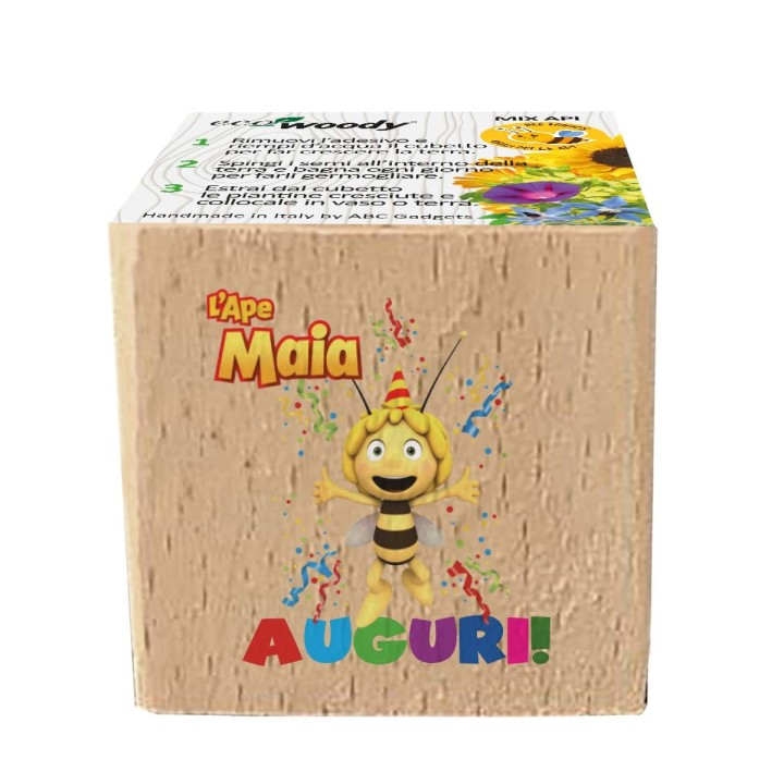 Eco-Woody con gli auguri l’Ape Maia: cubetto ecologico da cui nascono fiori melliferi