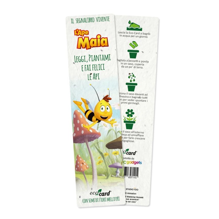 Segnalibro Eco-Card con disegno di Willy amico de L'Ape Maia da cui nascono fiori per api
