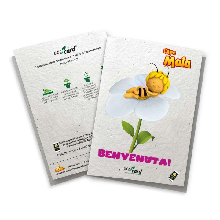 Biglietto di auguri di nascita per bimba, in carta piantabile stampata con disegno Ape Maia e video in realtà aumentata