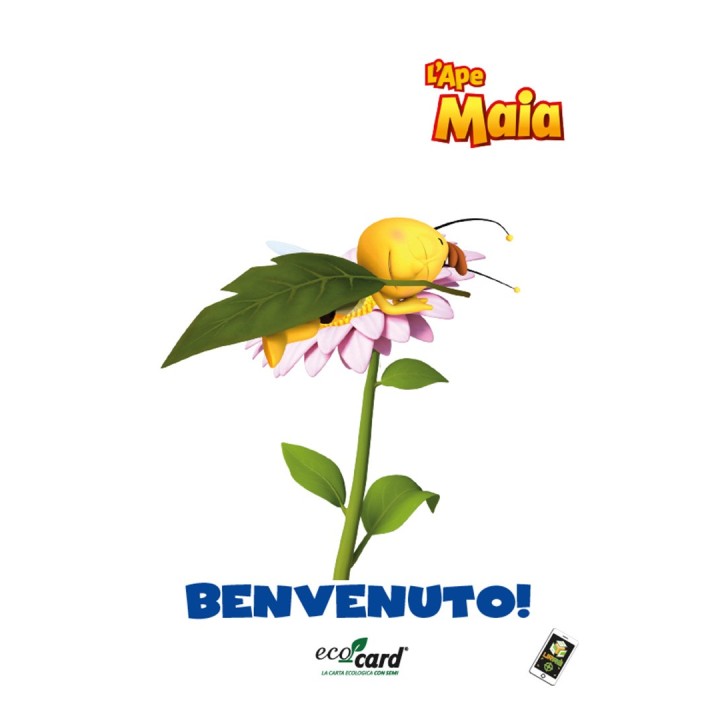 Biglietto per nascita bambino in carta semi Eco-Card e video messaggio di benvenuto in realtà aumentata con Willy de L'Ape Maia