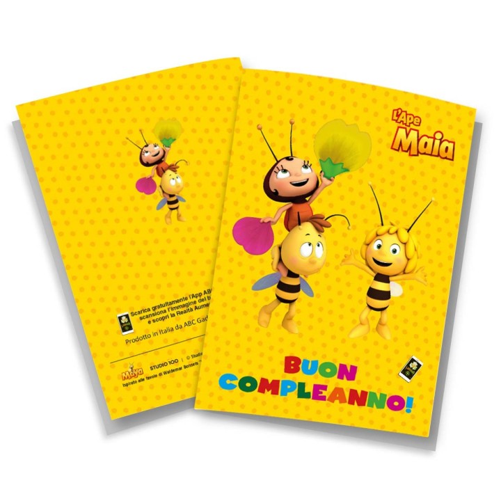 Biglietto di compleanno con Ape Maia ed amici animato con video in realtà aumentata, contiene Eco-Card a forma di fiore