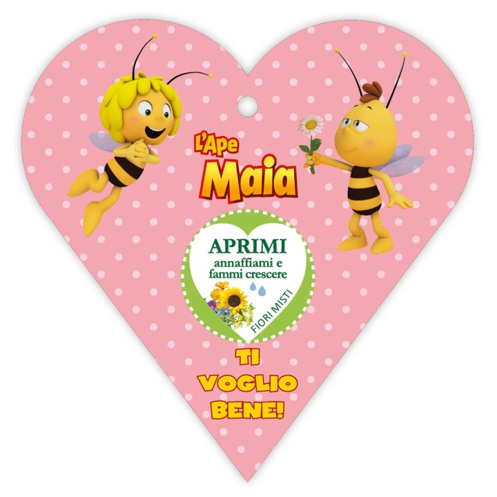 Biglietto d’auguri a forma di cuore con semi di fiori misti e cartone animato con L'Ape Maia e Willy 