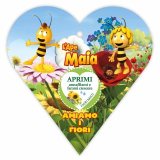 Biglietto chiudipacco a cuore con semi di fiori melliferi e cartone animato con L'Ape Maia e Willy