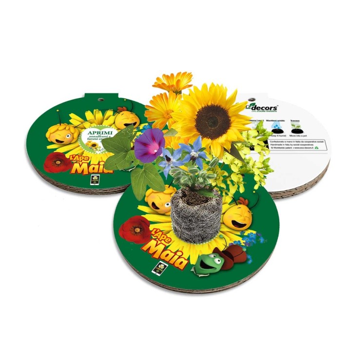 	Addobbo ecologico a forma di pallina con semi di fiori amici delle api e cartone animato con personaggi de L'Ape Maia